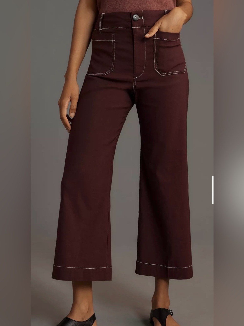 Maeve The Colette  Wide-Leg Pants Contrast Stitch Burgundy Size 24